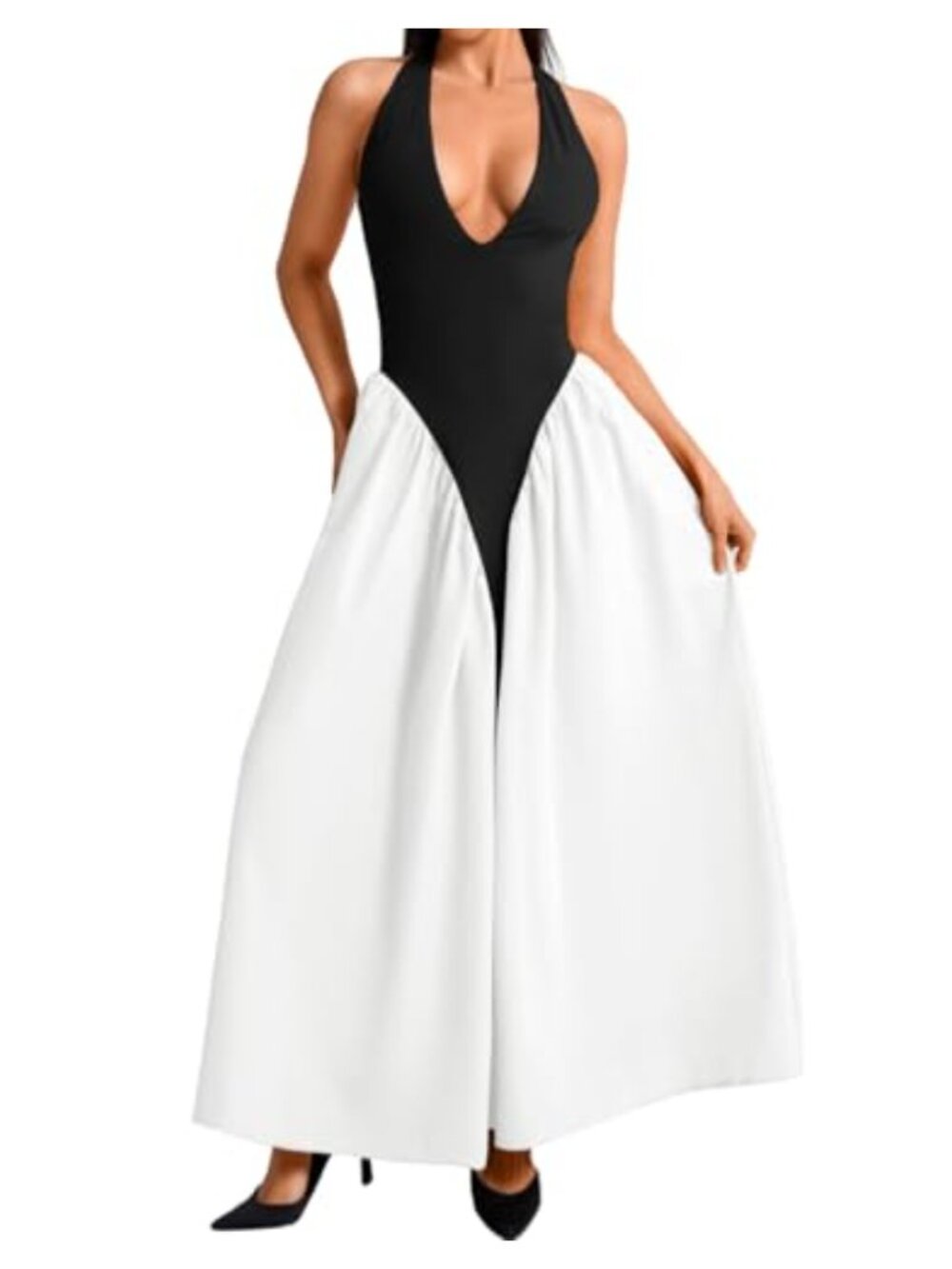 Deep V Neck Halter Maxi Dress Corset Drop Waist Wedding Guest